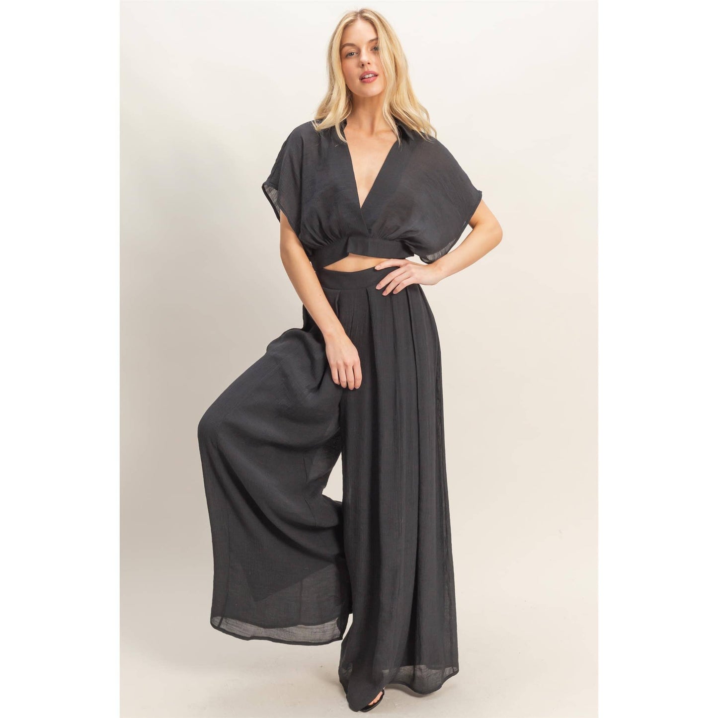 Collared Wrap Top & Wide-Leg Pants Set