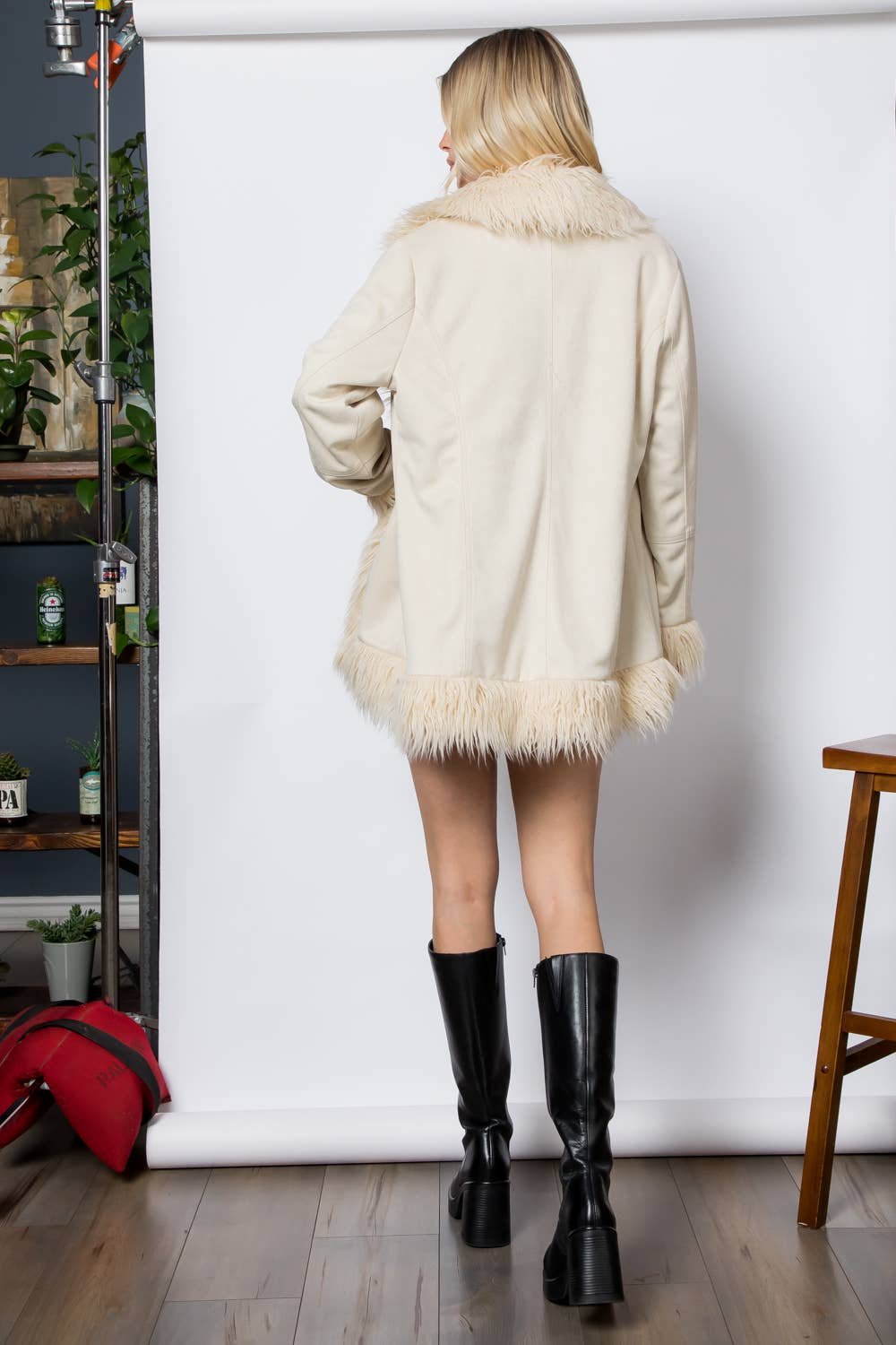 The Simone Shaggy Fur Open Front Mid Length Jacket