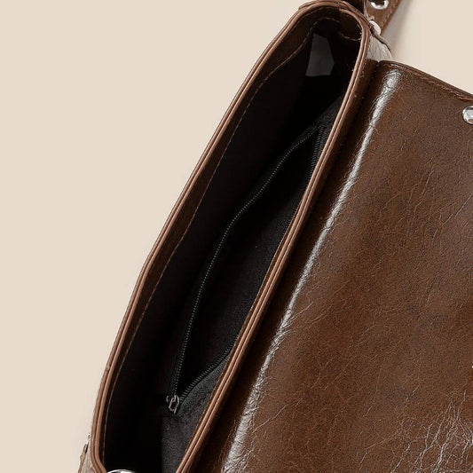 Glossy Leather Rivet Trim Shoulder Bag