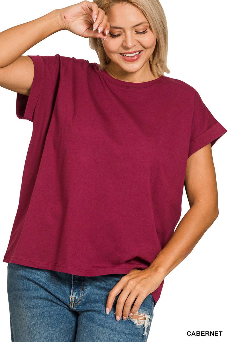 Plus size Cotton Folded Sleeve T Shirt