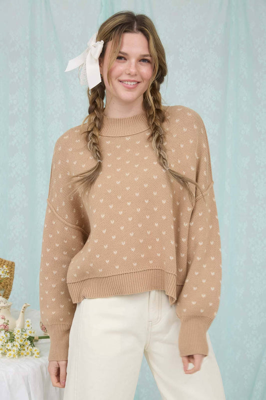 HEART PATTERN DROP SHOULDER KNIT PULLOVER SWEATER