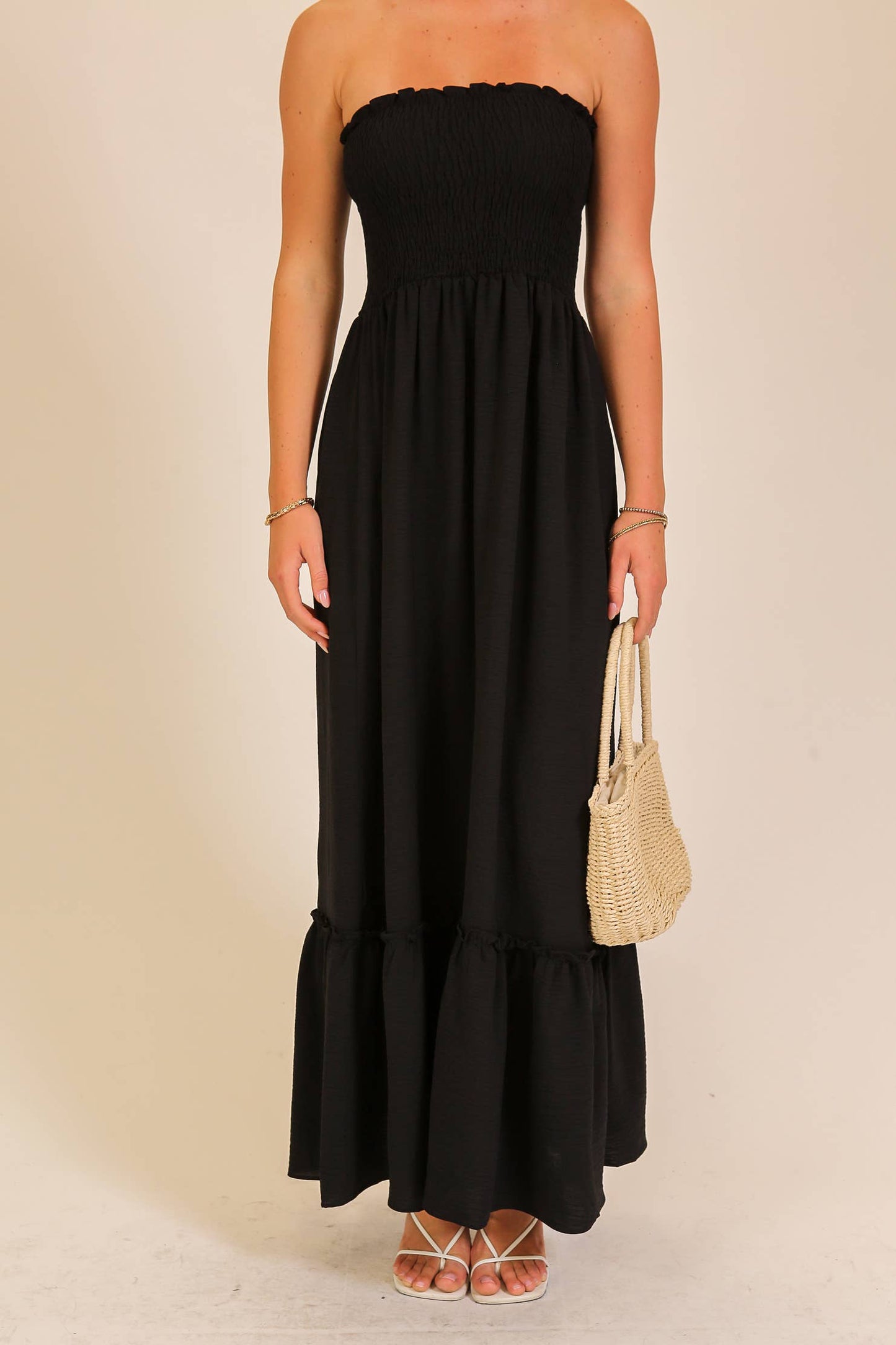 Strapless boho smocked top airflow maxi dress