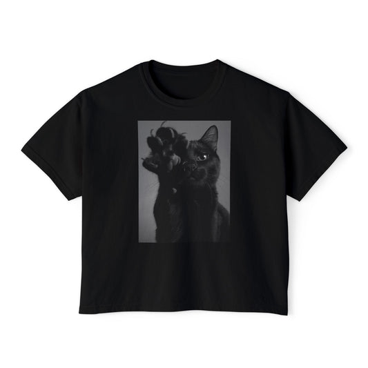 GoodLuck Kitty Graphic Women's Boxy Tee, Pet Lover Gift, Casual Summer Top, Fun Cat T-Shirt, Streetwear Style Tee