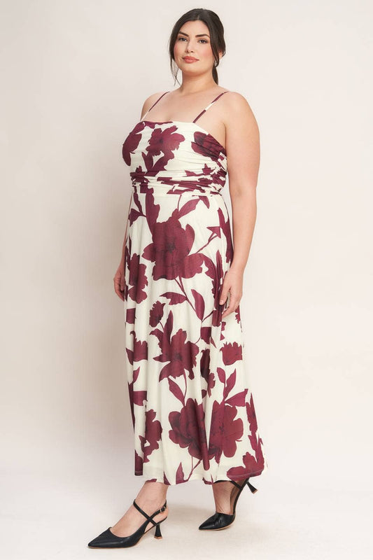 Plus Maroon Floral Mesh Midi Dress