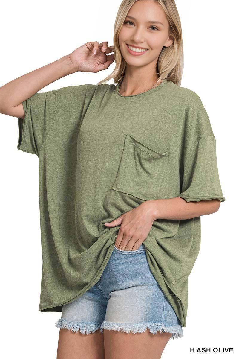 Oversized Front Pocket Raw Edge Boyfriend Tee