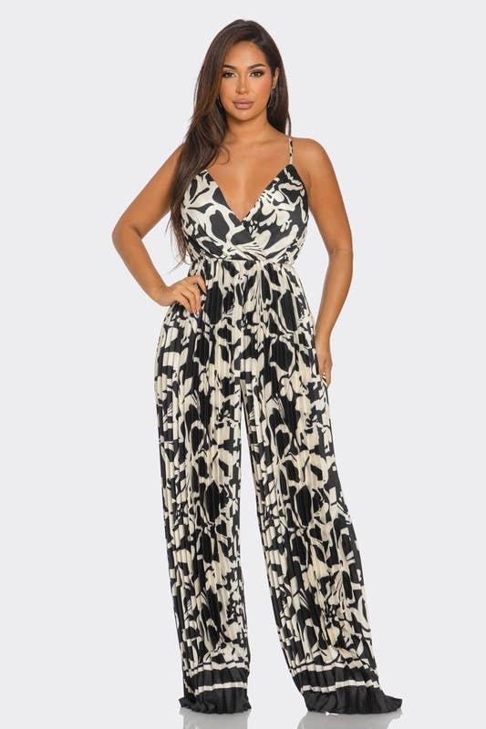 BCCJ71690 Suspender Print Pleated Jumpsuit
