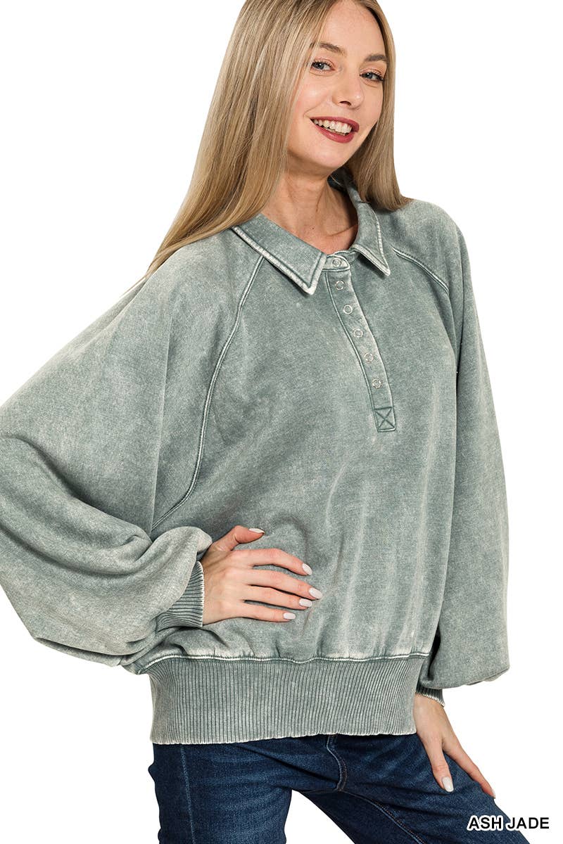 Washed Fleece Button Up Collared Pullover