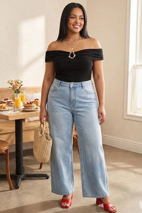 Plus Size Off-Shoulder Top with Metal Accent