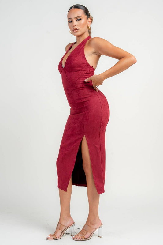 BORDEAUX HALTER NECK FRONT SLIT SUEDE MIDI DRESS