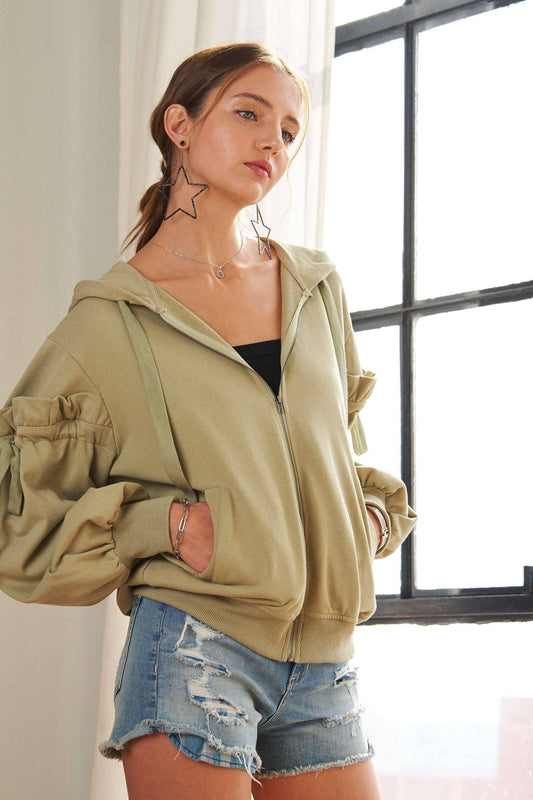 RUFFLED PUFF SLEEVE ZIP UP HOODIE