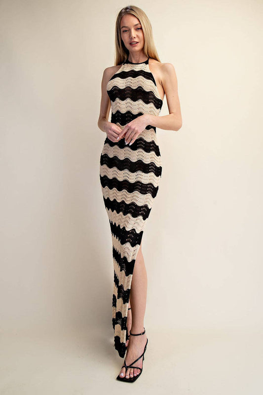 Crochet Halter Side Slit Maxi Dress - Taupe/Black