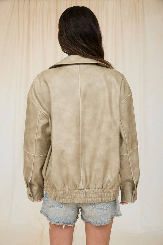 WASHED FAUX LEATHER COLLARED ZIP-UP JACKET