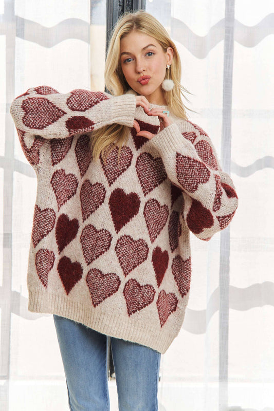 MOCK NECK HEART PRINT PULLOVER SWEATER