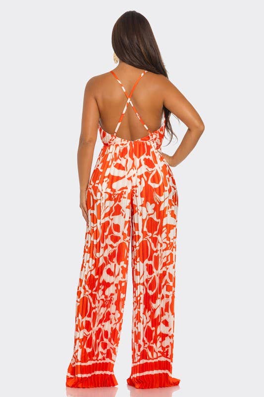BCCJ71690  Suspender Print Pleated Jumpsuit