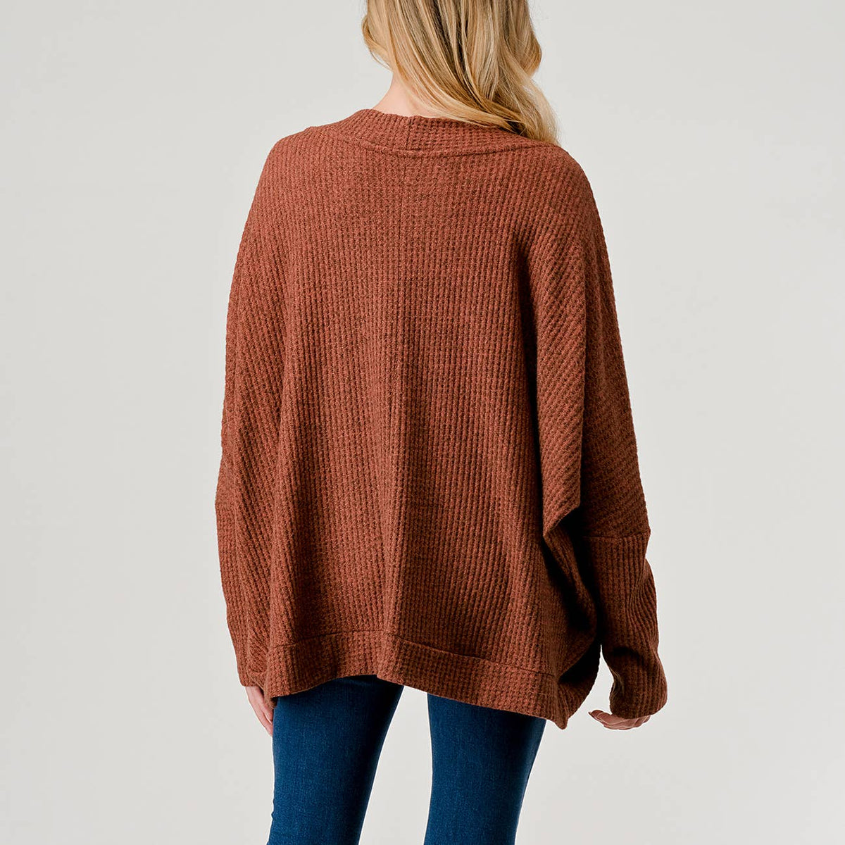 Brushed Waffle Knit Cocoon Shape Cardigan, J746