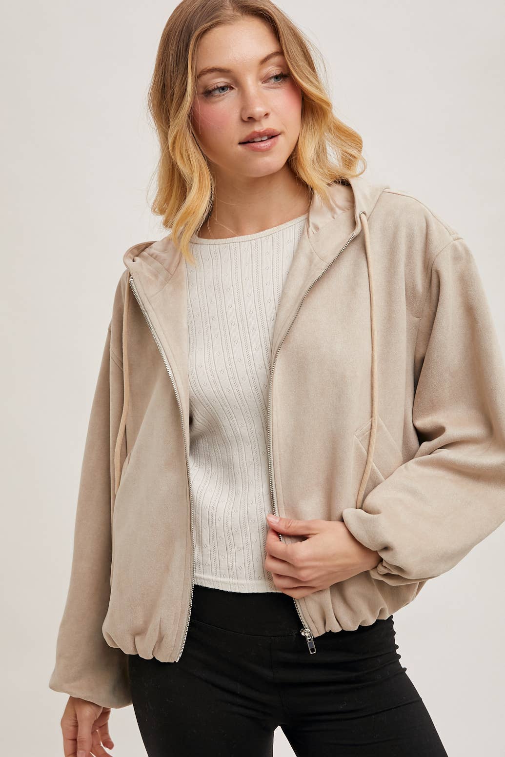 FAUX SUEDE HOODED CROP JACKET WITH ZIPPER