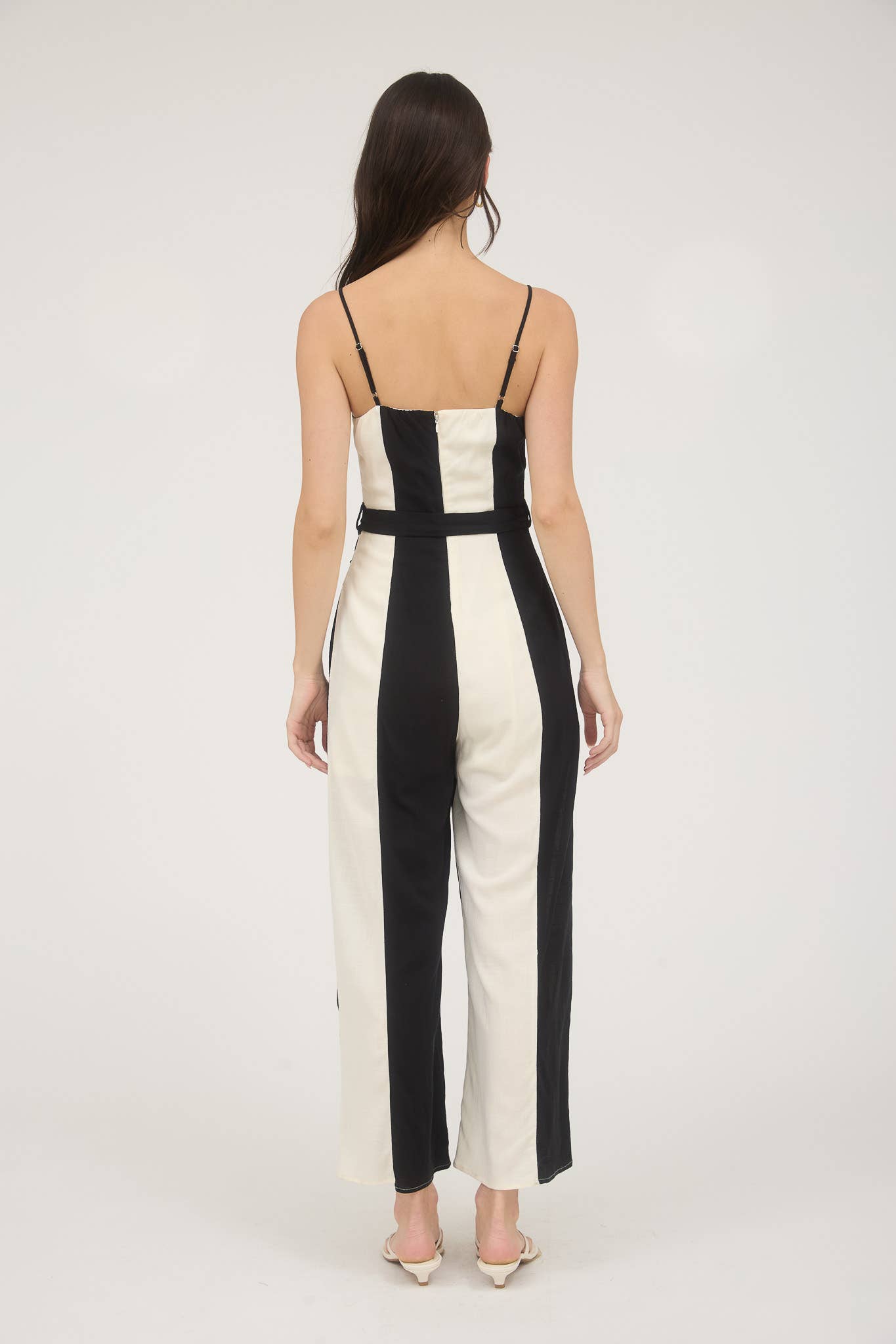 WIDE STRIPE SPAGHETTI STRAP BELTED JUMPSUIT