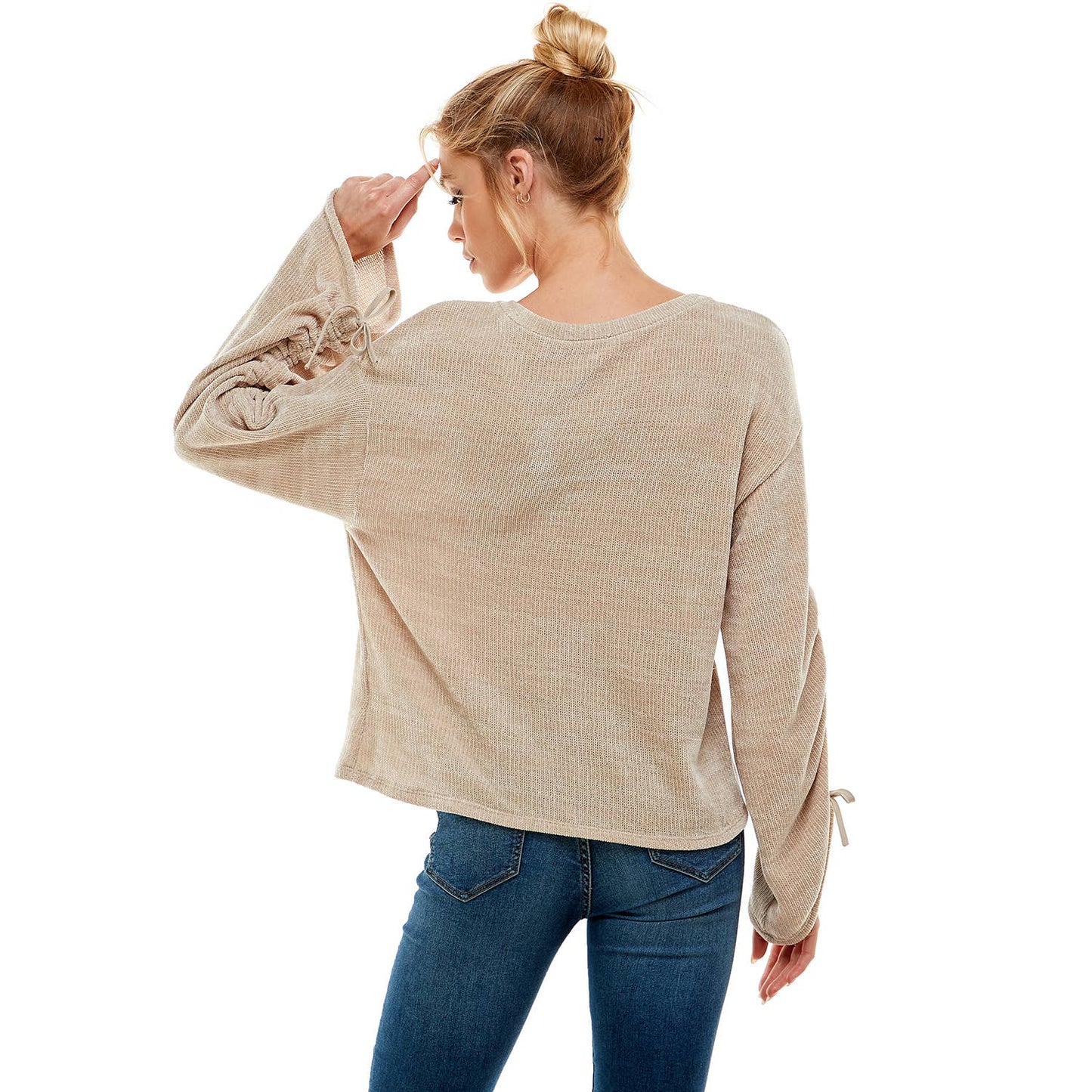 V NECK CHENILLE SWEATER WITH RUCHED SLEEVE