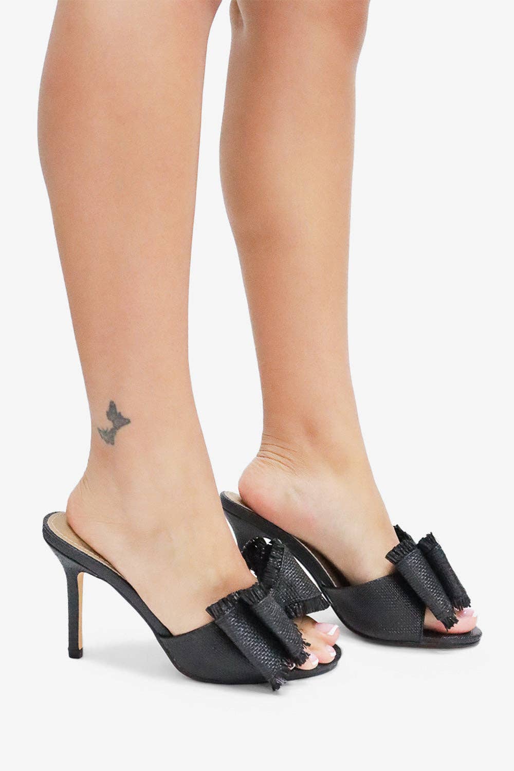 BEACH HOUSE - Raffia Bow Mules, Woven Finish, Stiletto Heel
