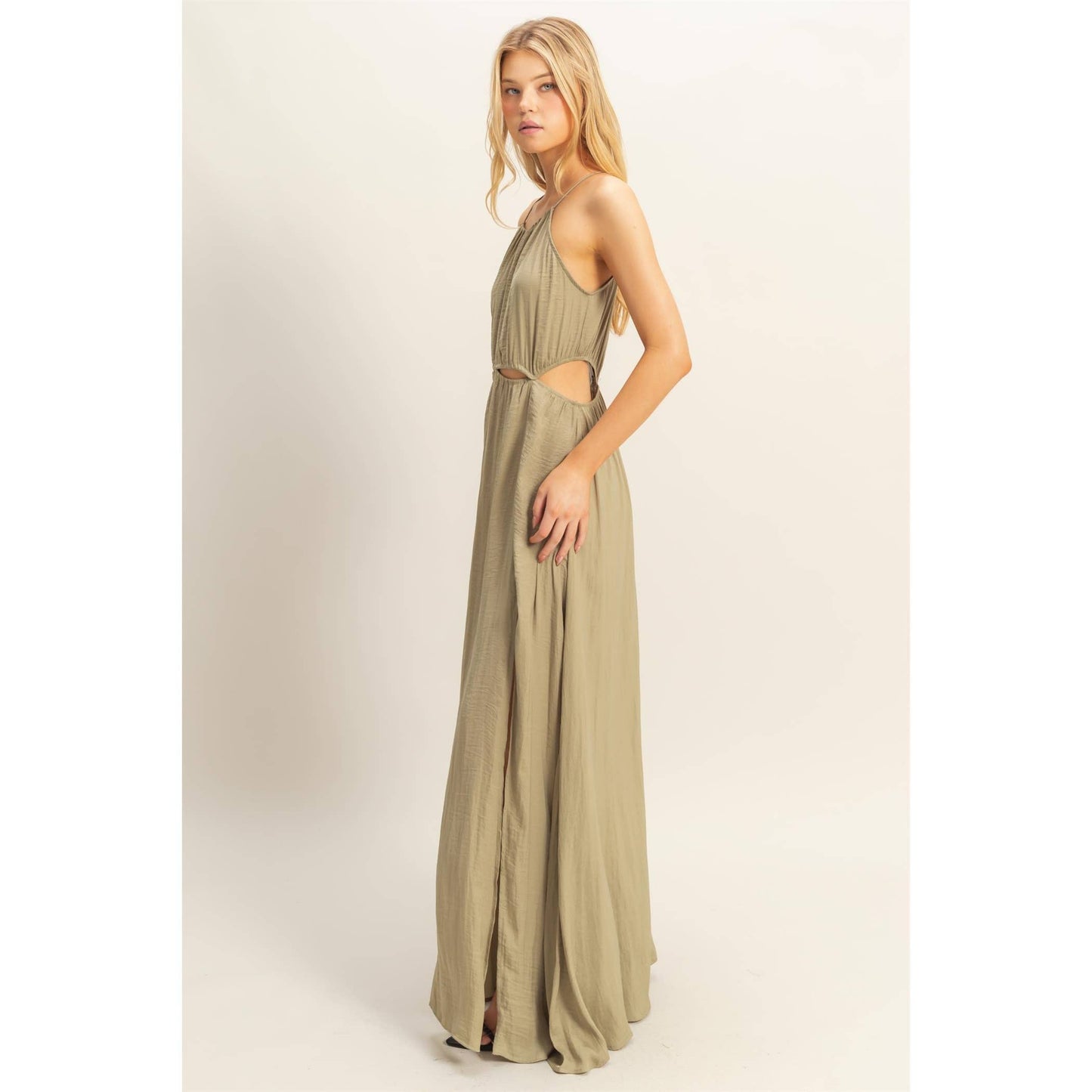 HF25E129-Side Cutout Side Slit Maxi Dress