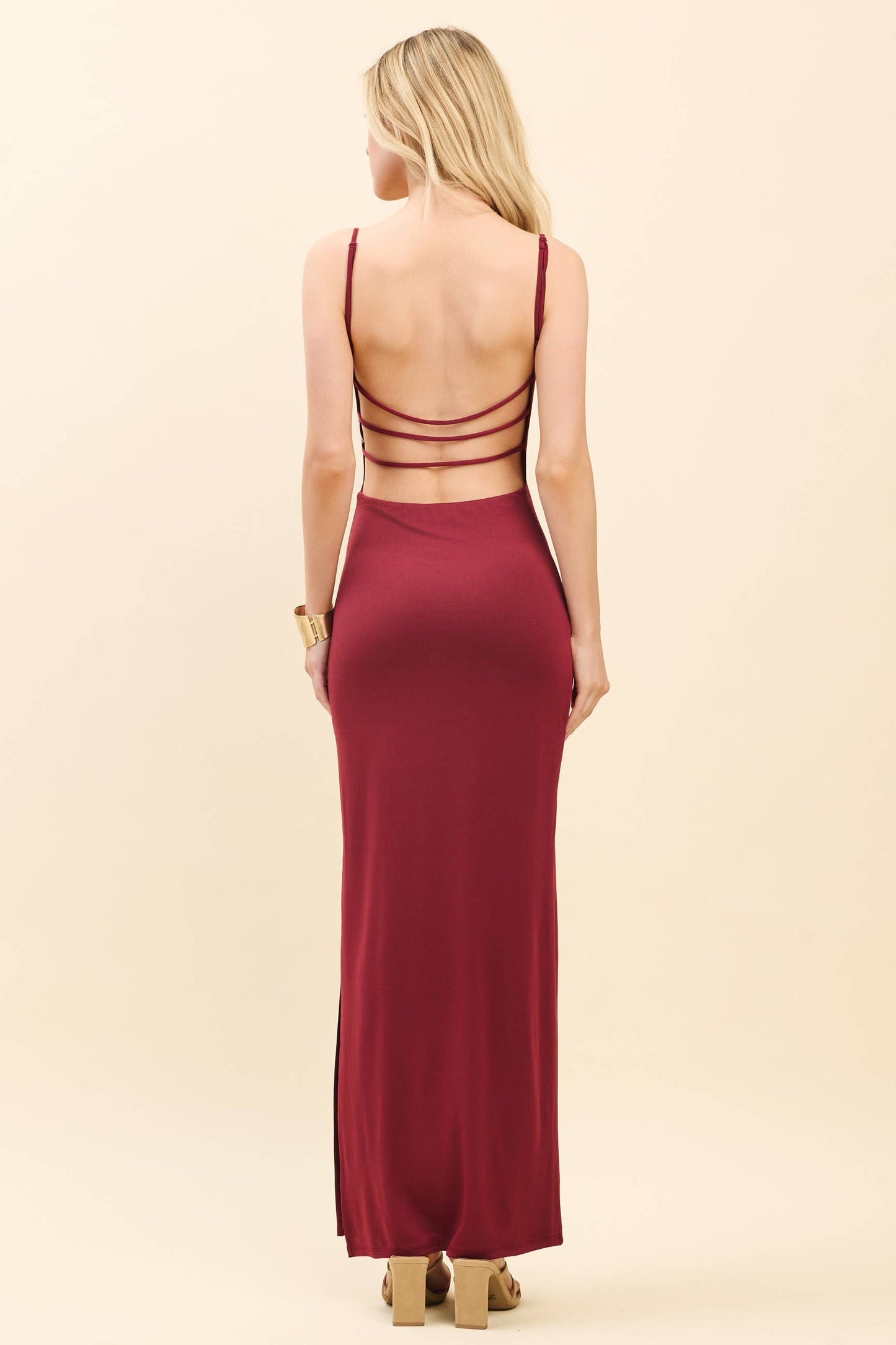 COWL NECK W LAYERED STRAP MAXI DRESS W SIDE SLIT