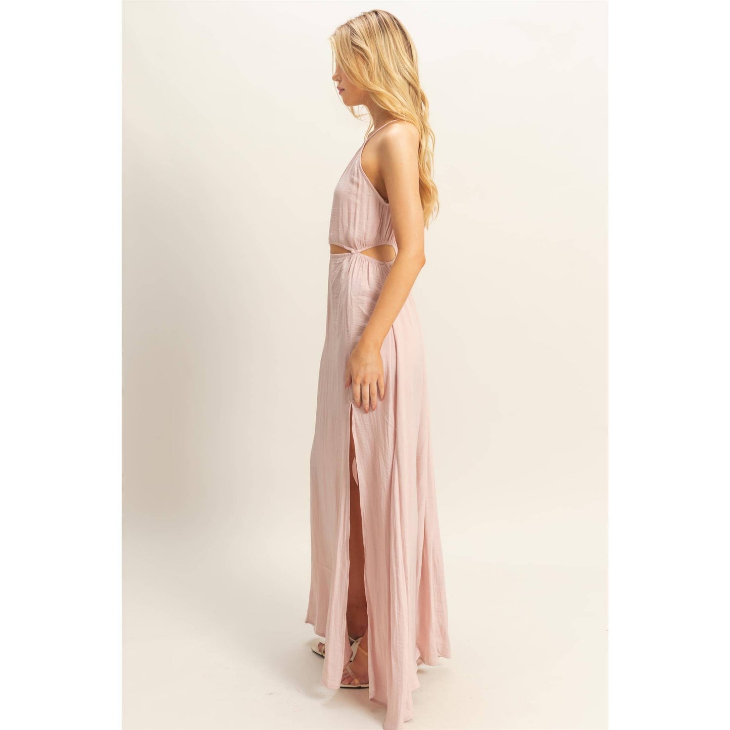 HF25E129-Side Cutout Side Slit Maxi Dress