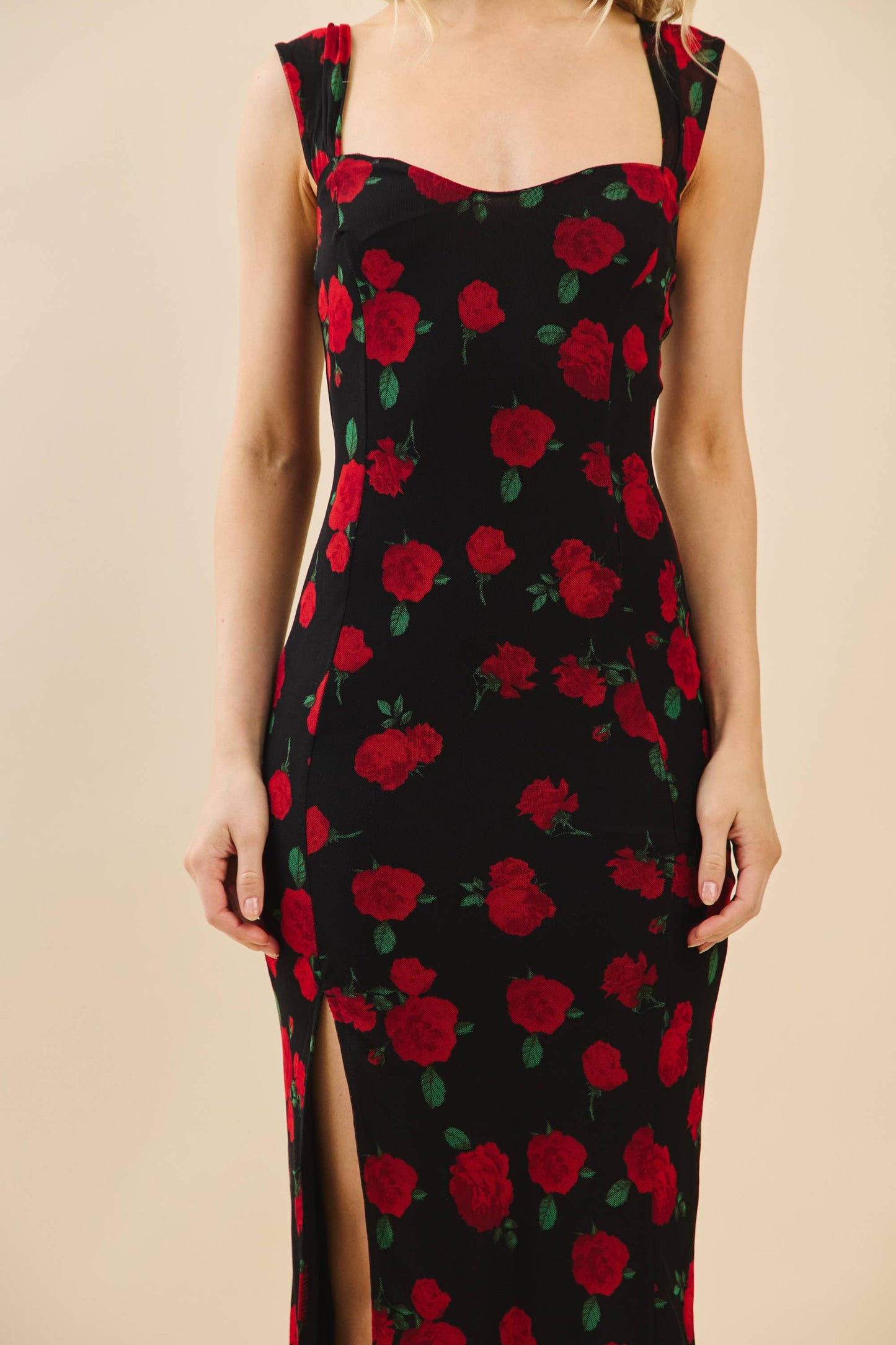 SWEETHEART BUSTIER ROSE PRINT MIDI DRESS