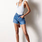 High Rise Trim Midi Stretch Denim Shorts