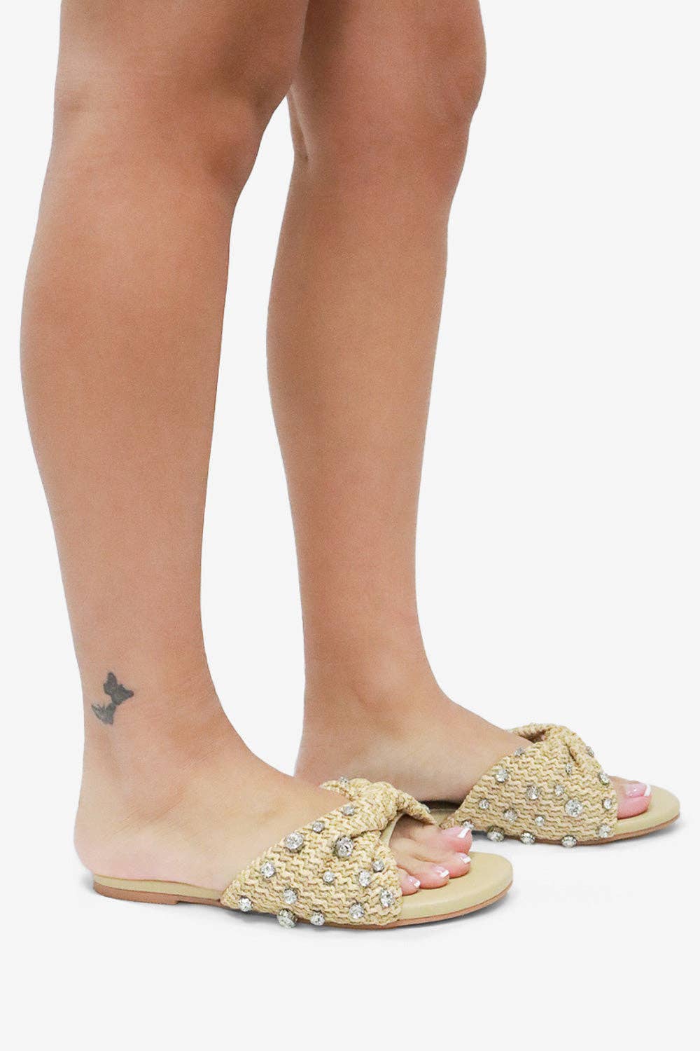 MAYLEEN - Raffia Beaded Slide Sandals, Mediterranean Style