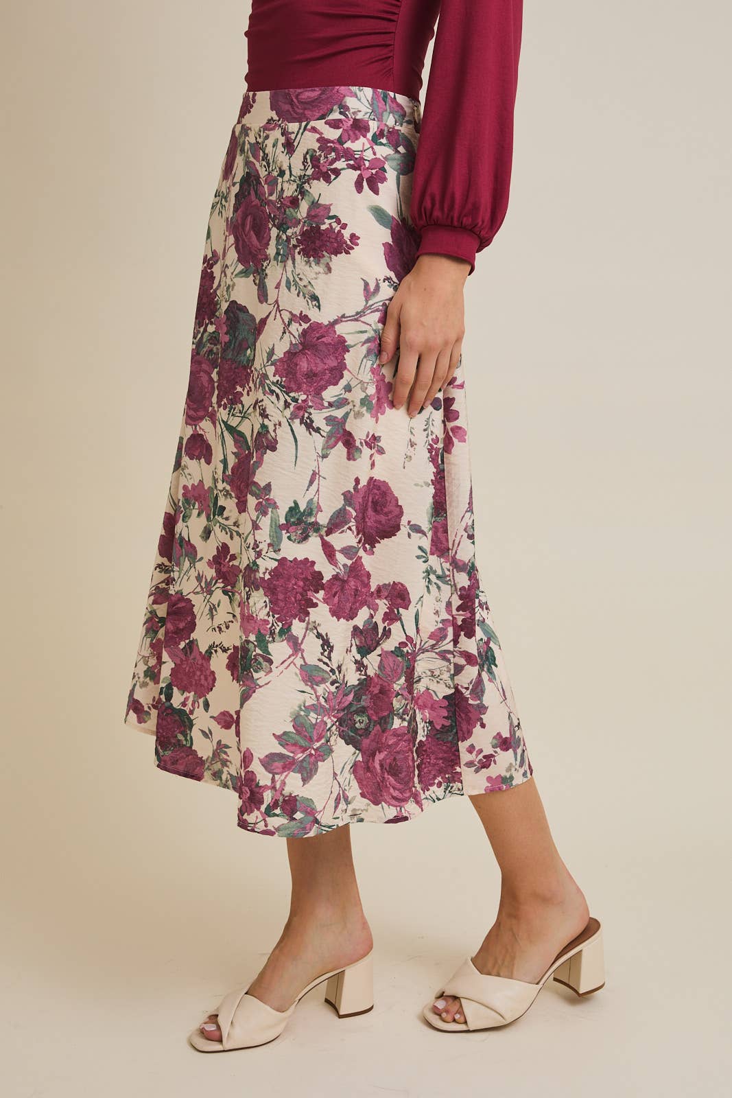 FLARE HEM FLORAL MIDI SKIRT