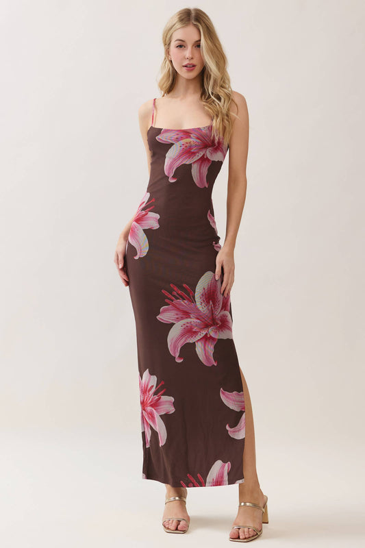 LEOPARD LILY - LAYERED STRAP BACK MAXI DRESS W/ SIDE SLIT