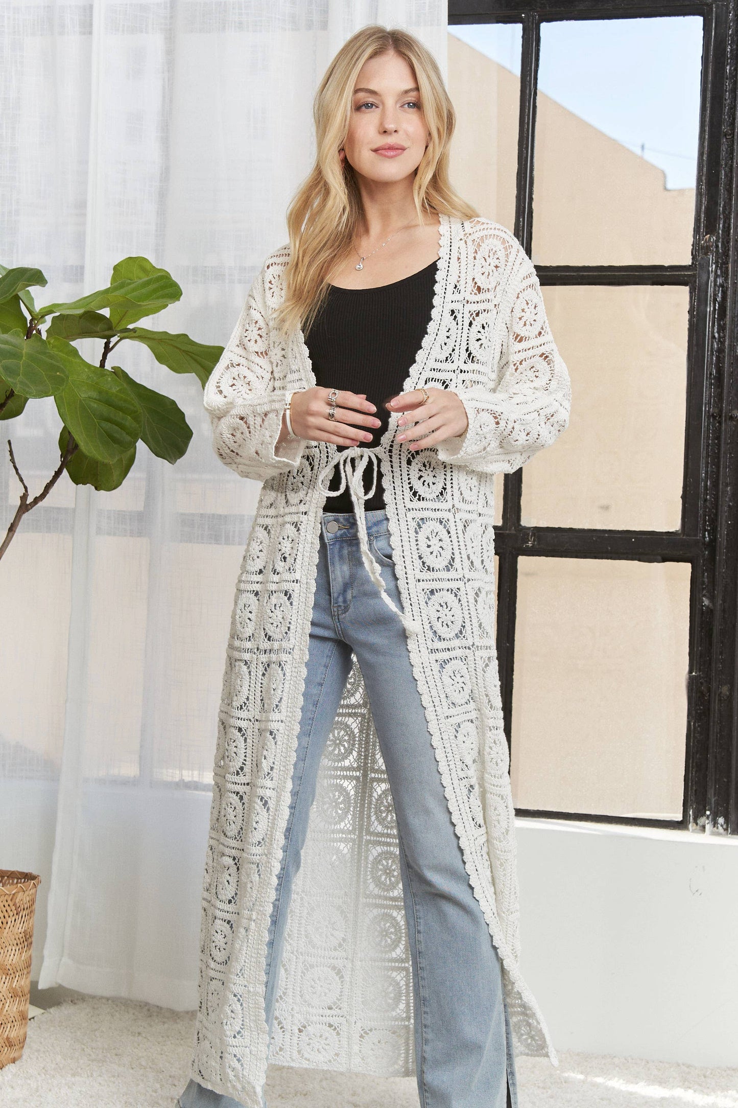 CESW3831- LONG SLEEVES CROCHET ELASTIC CARDIGAN