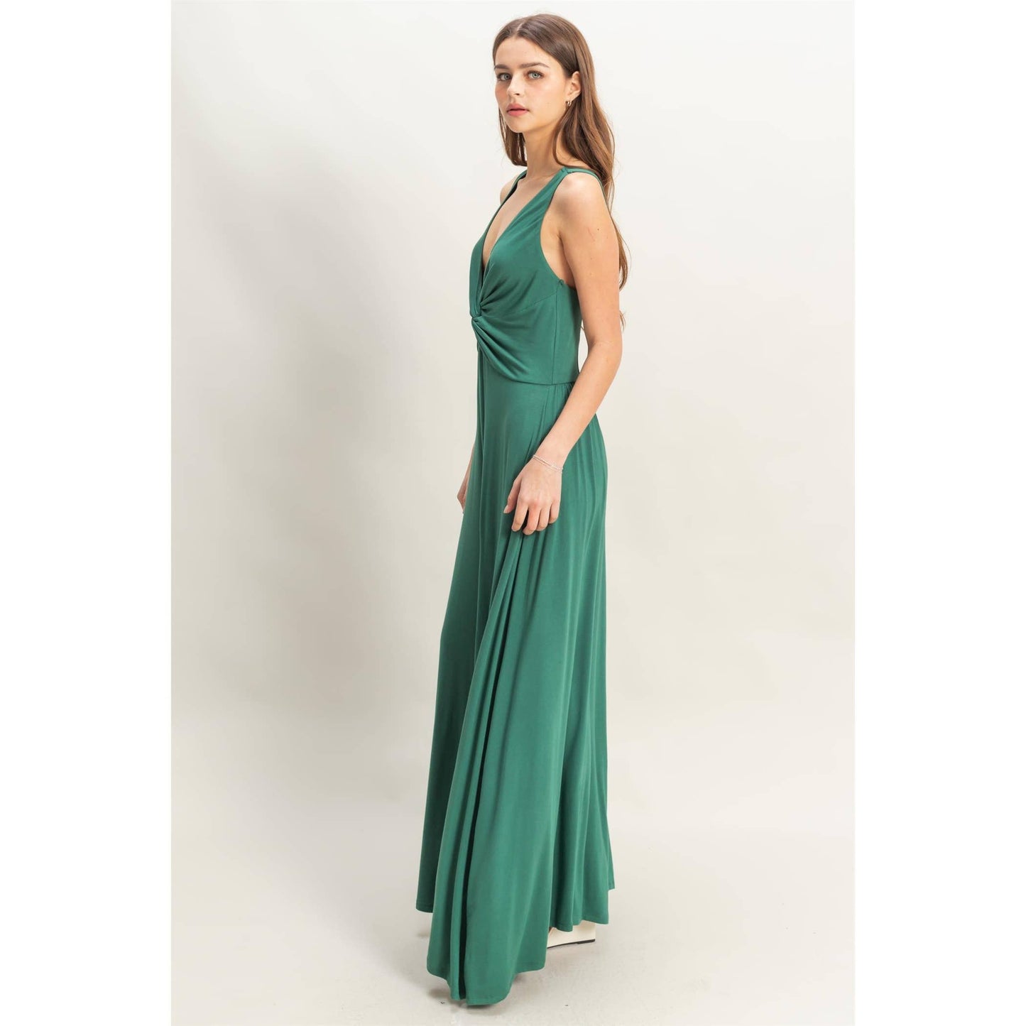 HF25C959-Knotted Bust Sleeveless Jersey Jumpsuit