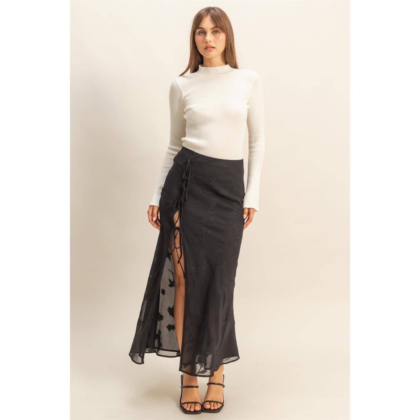 Elegant Floral Drawstring Maxi Skirt
