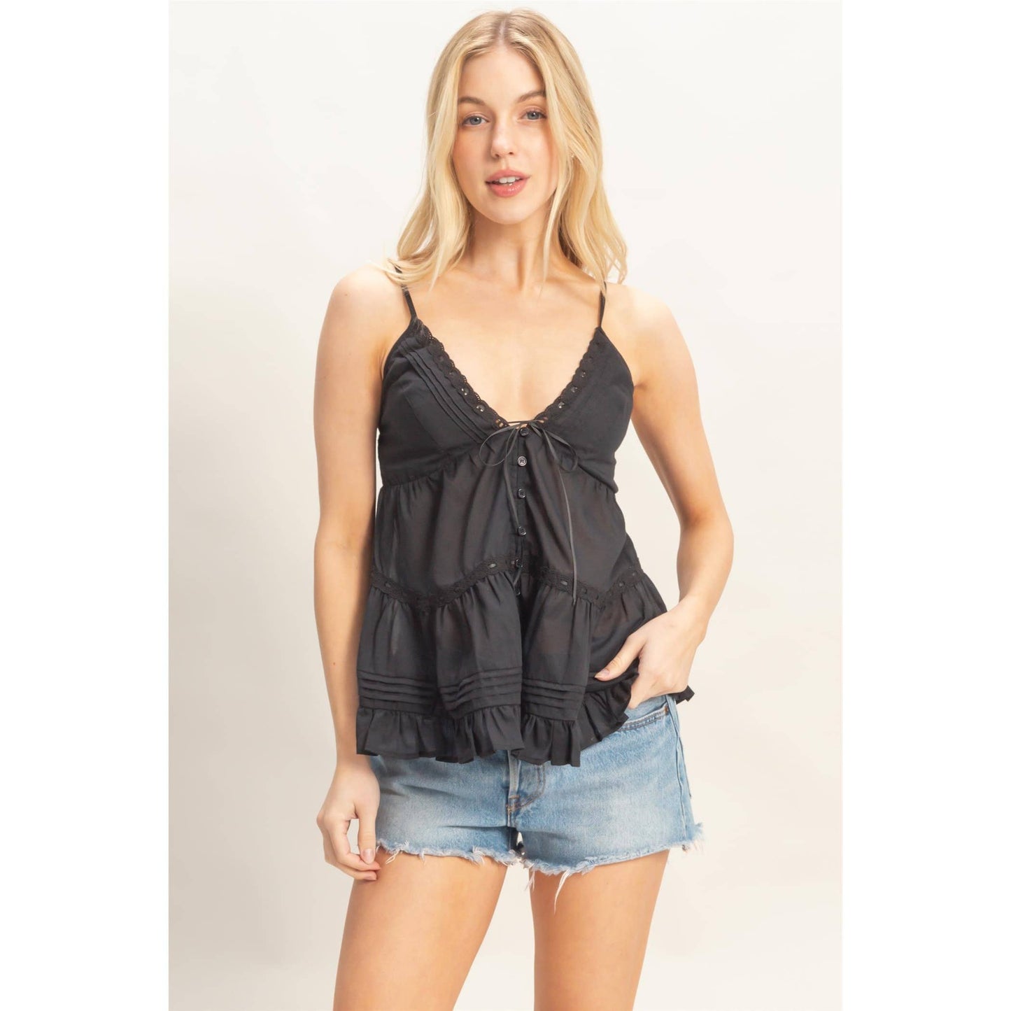 Strappy Lace Trim Ruffle Top