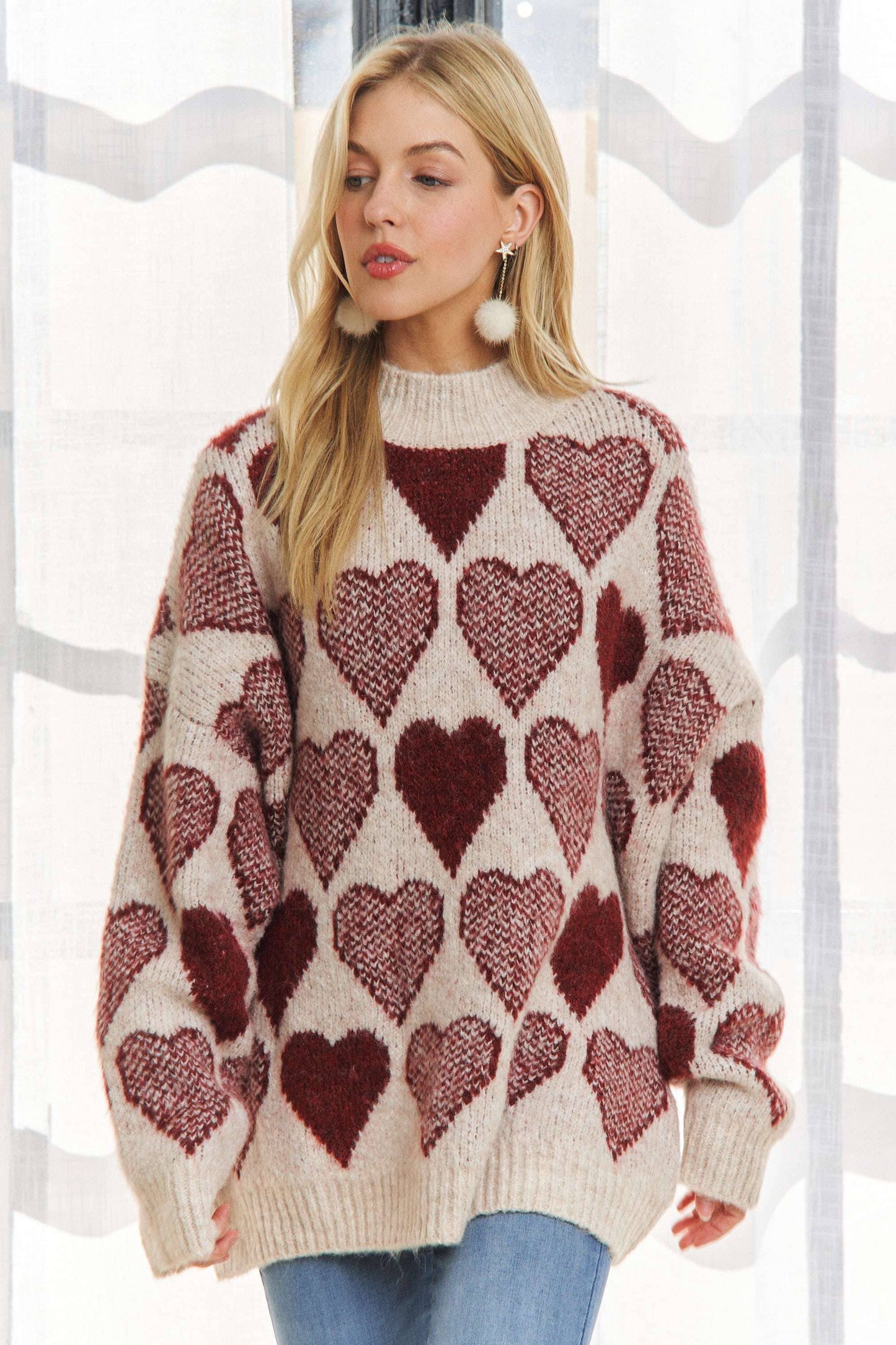 MOCK NECK HEART PRINT PULLOVER SWEATER