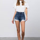 High Rise Stretch Frayed Hem Lace Line Trim Denim Shorts