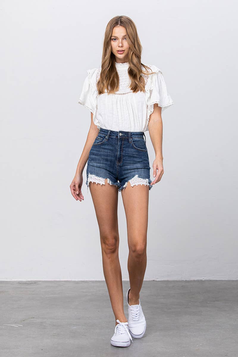 High Rise Stretch Frayed Hem Lace Line Trim Denim Shorts