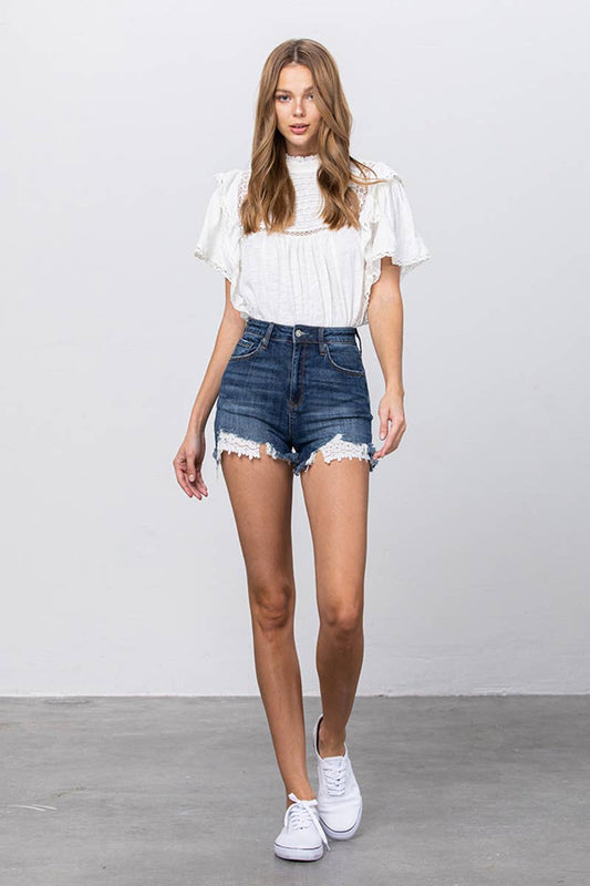 High Rise Stretch Frayed Hem Lace Line Trim Denim Shorts