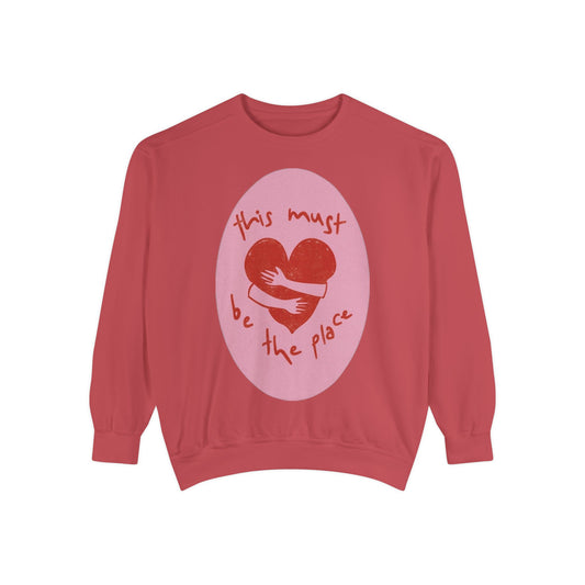 Heart Patch Sweatshirt — "This Must Be The Place" Cozy Graphic Crewneck