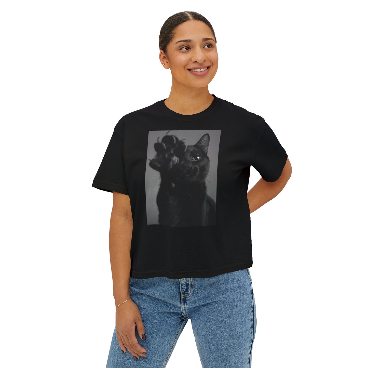 GoodLuck Kitty Graphic Women's Boxy Tee, Pet Lover Gift, Casual Summer Top, Fun Cat T-Shirt, Streetwear Style Tee