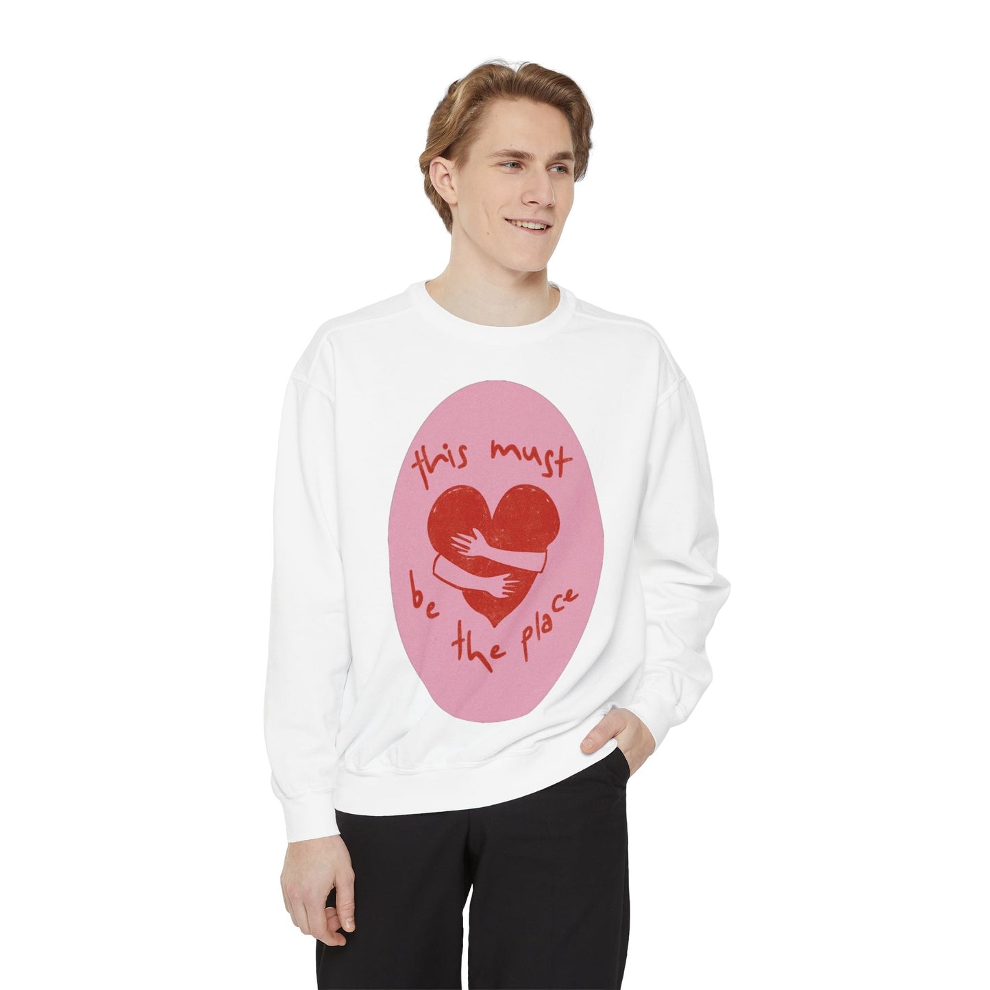 Heart Patch Sweatshirt — "This Must Be The Place" Cozy Graphic Crewneck