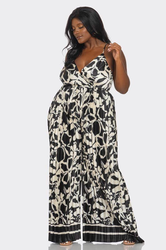 BCCJ71690 PLUS   Suspender Print Pleated Jumpsuit