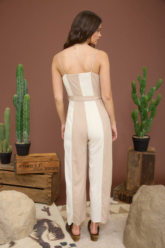 WIDE STRIPE SPAGHETTI STRAP BELTED JUMPSUIT