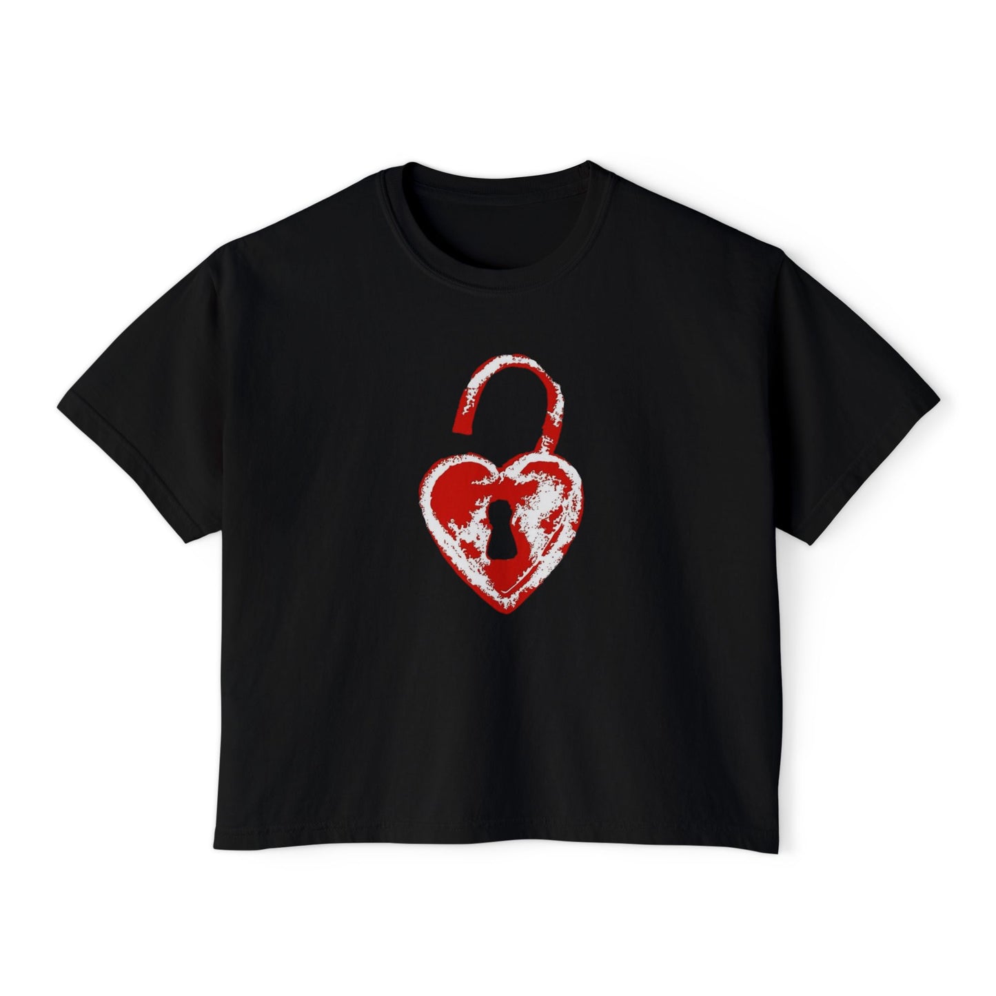 Heart Lock Boxy Tee — Vintage Red Padlock Graphic Women's Crop Top
