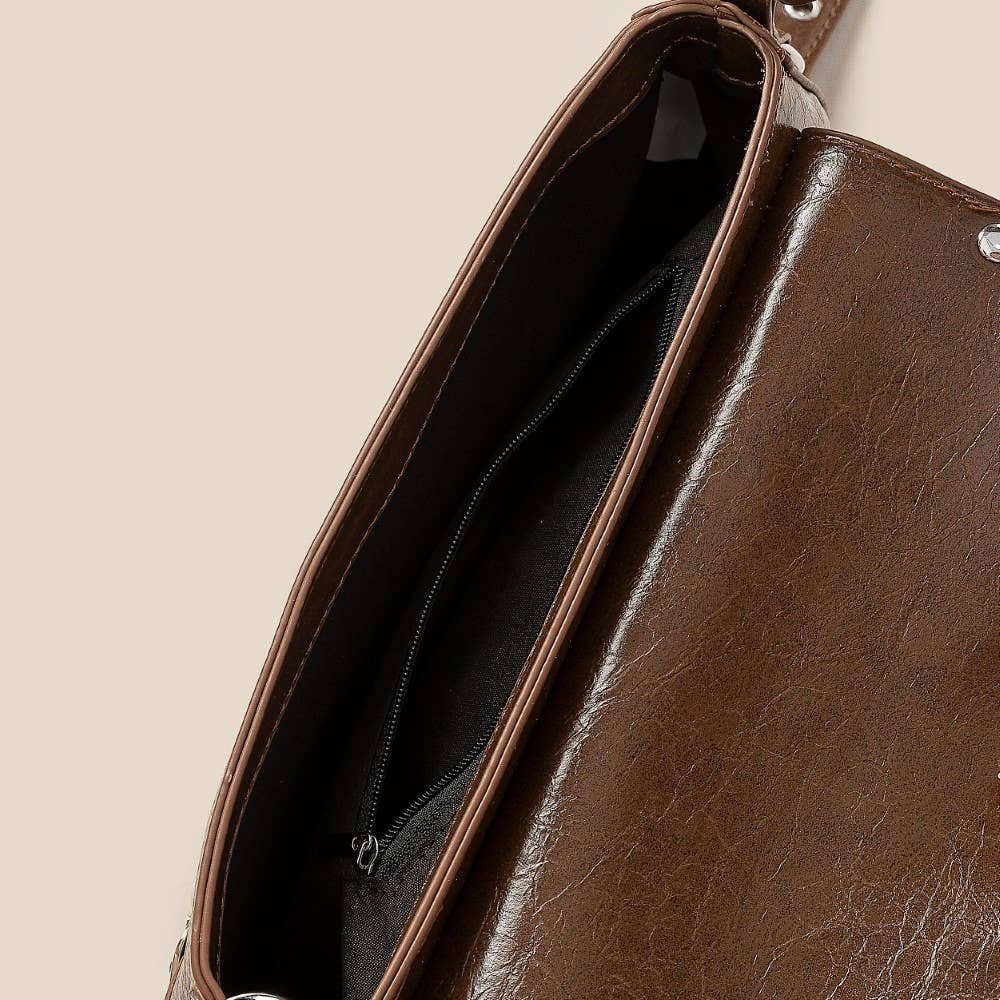 Glossy Leather Rivet Trim Shoulder Bag