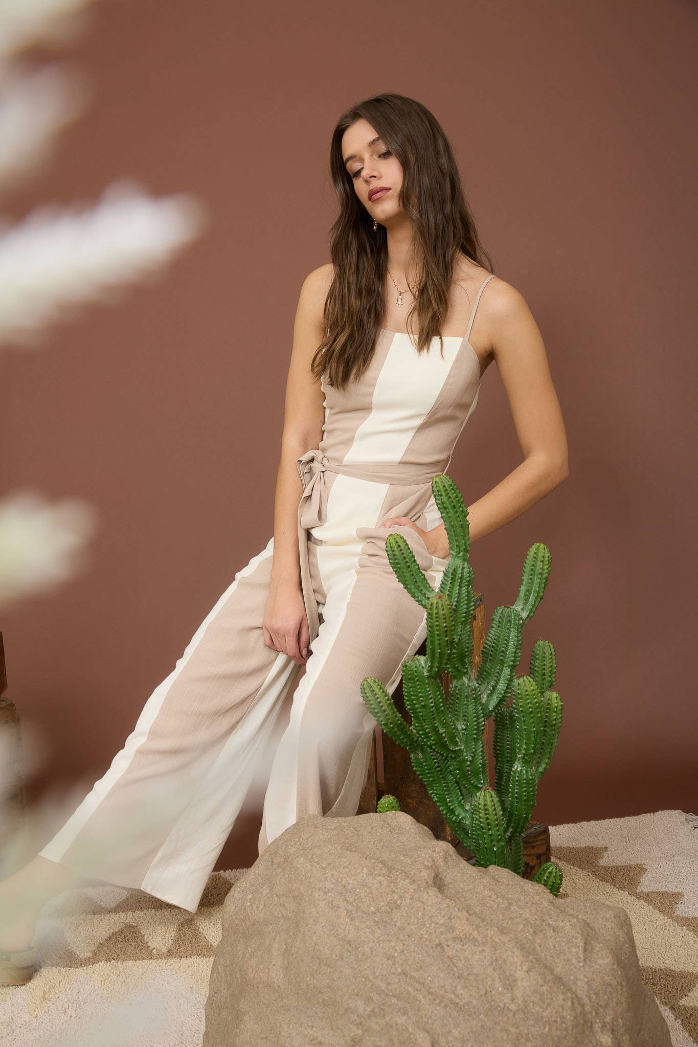 WIDE STRIPE SPAGHETTI STRAP BELTED JUMPSUIT
