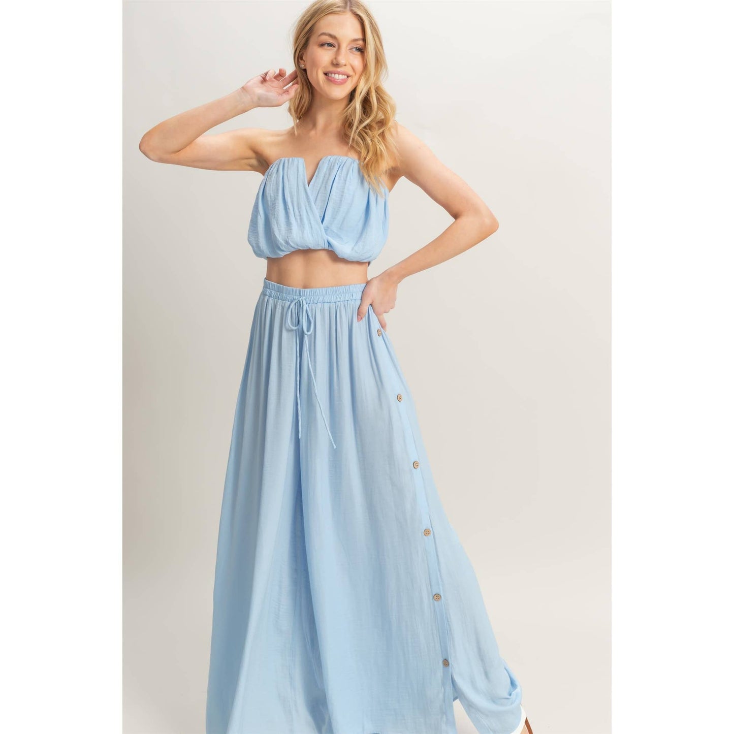 HF25E001-SET-Ruched Top And High Waist Pants Set