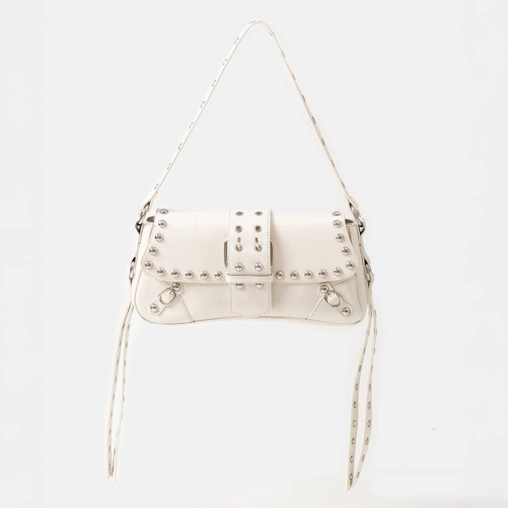 Glossy Faux Leather Rivet Trim Shoulder Bag