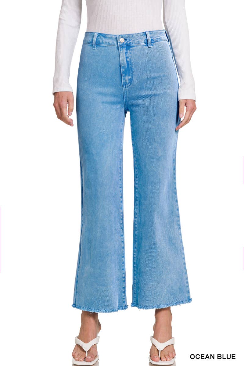 .SI-24919 Acid Washed Frayed Cutoff Hem Straight Wide Pants 0607